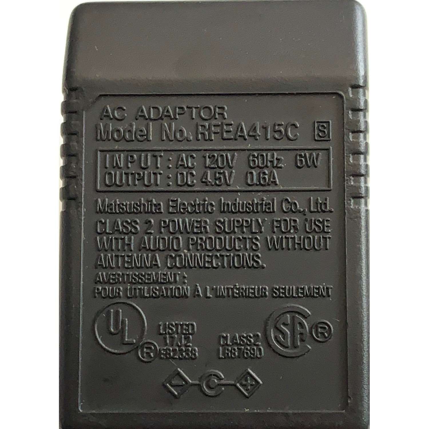 CARGADOR / ADAPTADOR DE FUENTE DE ALIMENTACION MATSUSHITA VCA-VCD / NUMERO DE PARTE RFEA415C / ENTRADA VCA 120V 60HZ 6W / SALIDA VCD 4.5V 0.6A / MODELO RFEA415C - Imagen 2